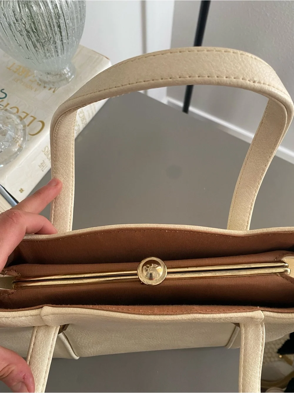Classy Structured Cream Top-Handle purse w/Gold Accent button Hardware/reposh